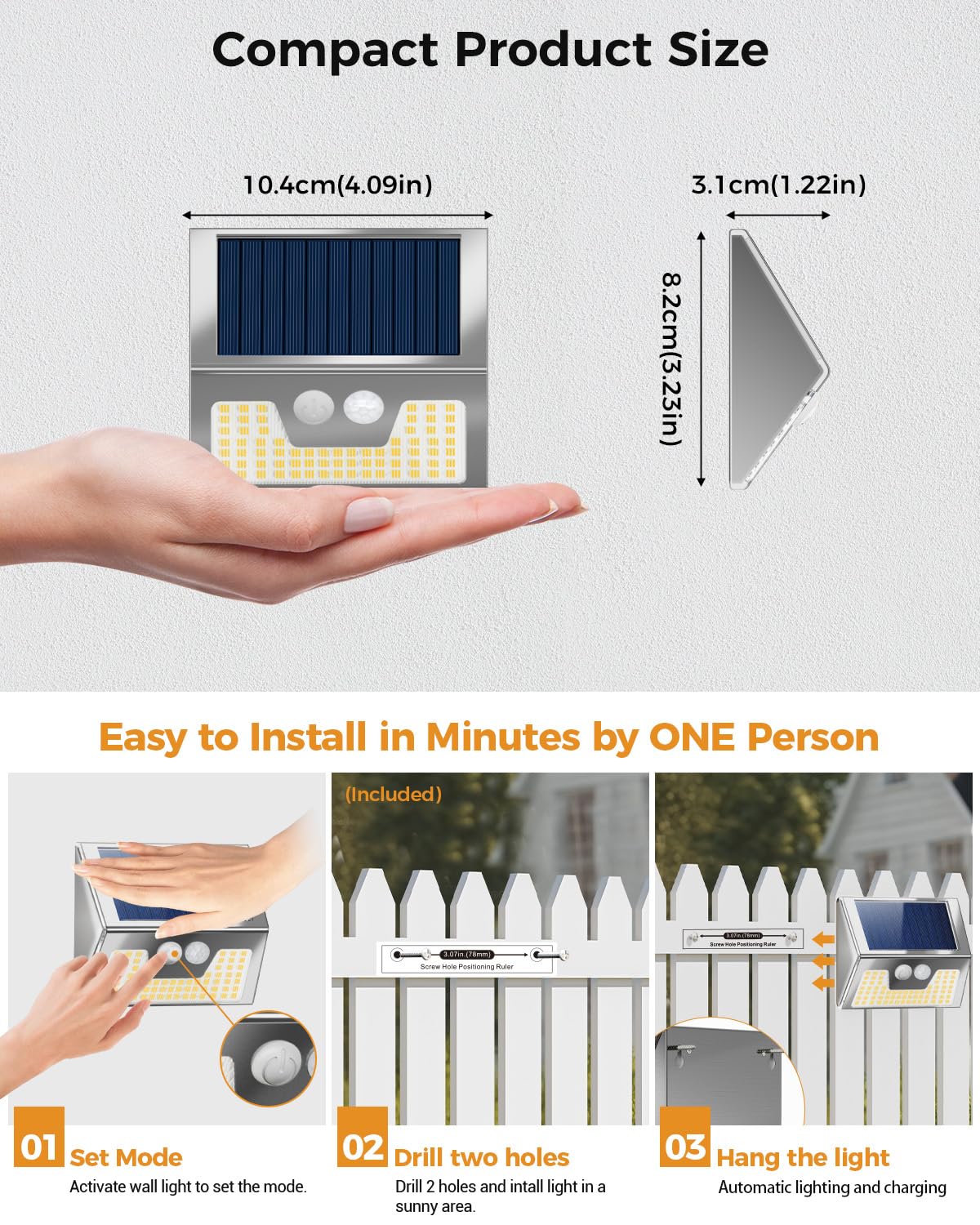 vighep Solar Security Lights Outdoor Motion Sensor, White 318LED Led Solar Powered Light with 3 Lighting Modes, IP65 Waterproof Wireless Pir Wall Light for Outside Garden Fence Yard-Warm White
