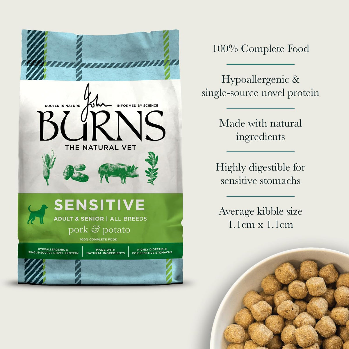 Burns Pet Nutrition Hypoallergenic Complete Dry Dog Food Adult and Senior Dog Sensitive with Pork and Potato 2 kg