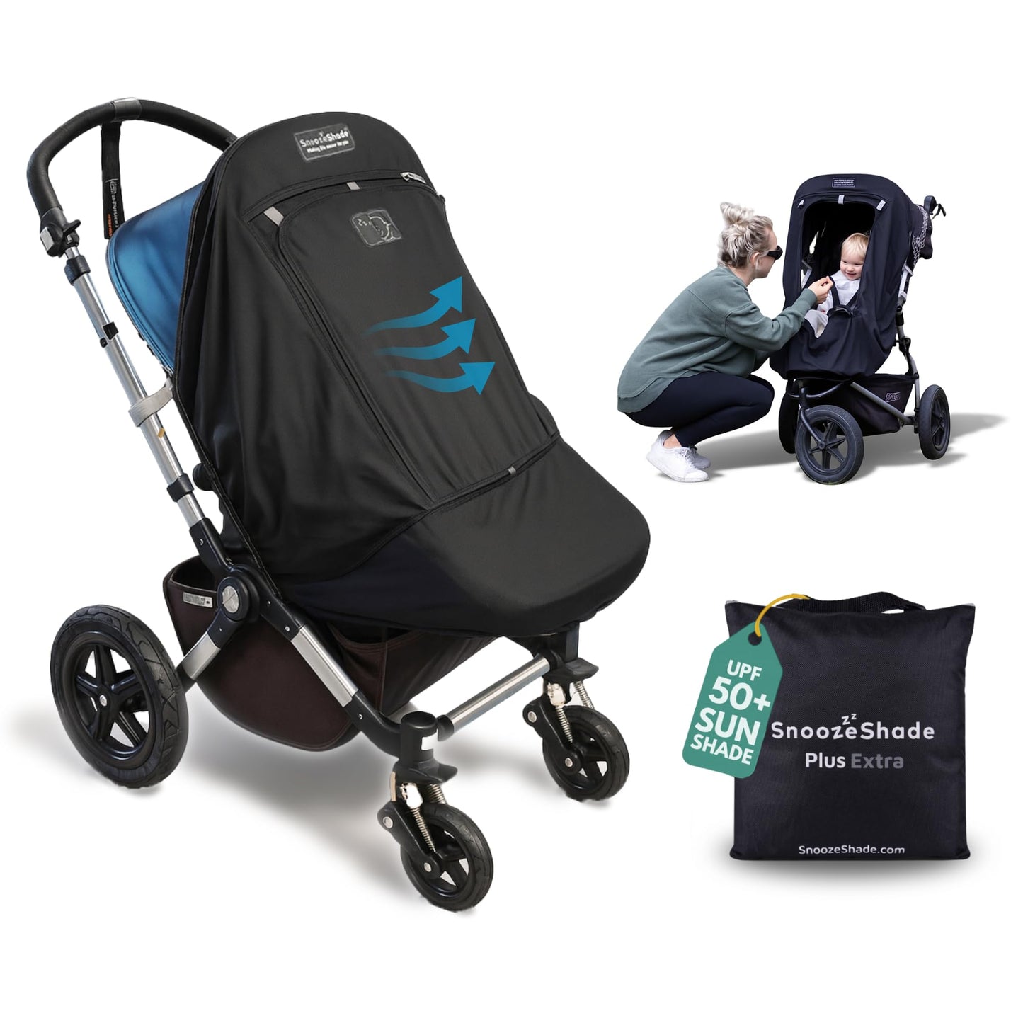 SnoozeShade Plus Extra Pram and Stroller Sun Shade Cover Blocks 99% UV UPF50+ Baby Sleep Aid and Breathable Blackout Canopy for Pushchairs Buggies and Travel Strollers