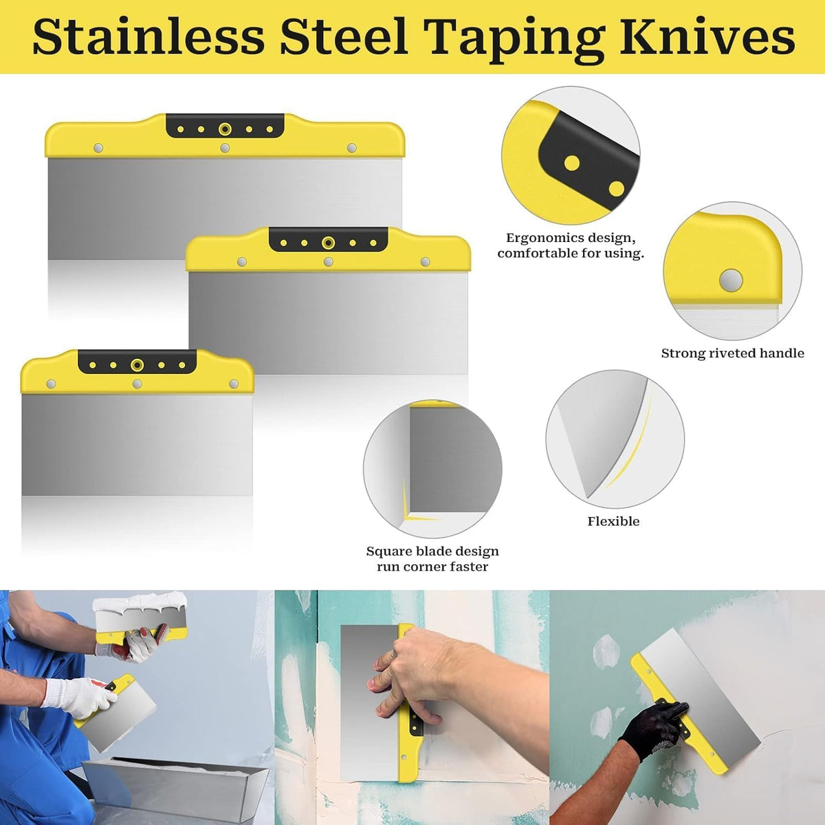 suokoun Wallpaper Scraper Set, 7 Pieces Stainless Steel Drywall Hand Tool Kit Includes Taping Putty Tool and 12" Mud Pan with Soft Grip Handle for Drywall Work