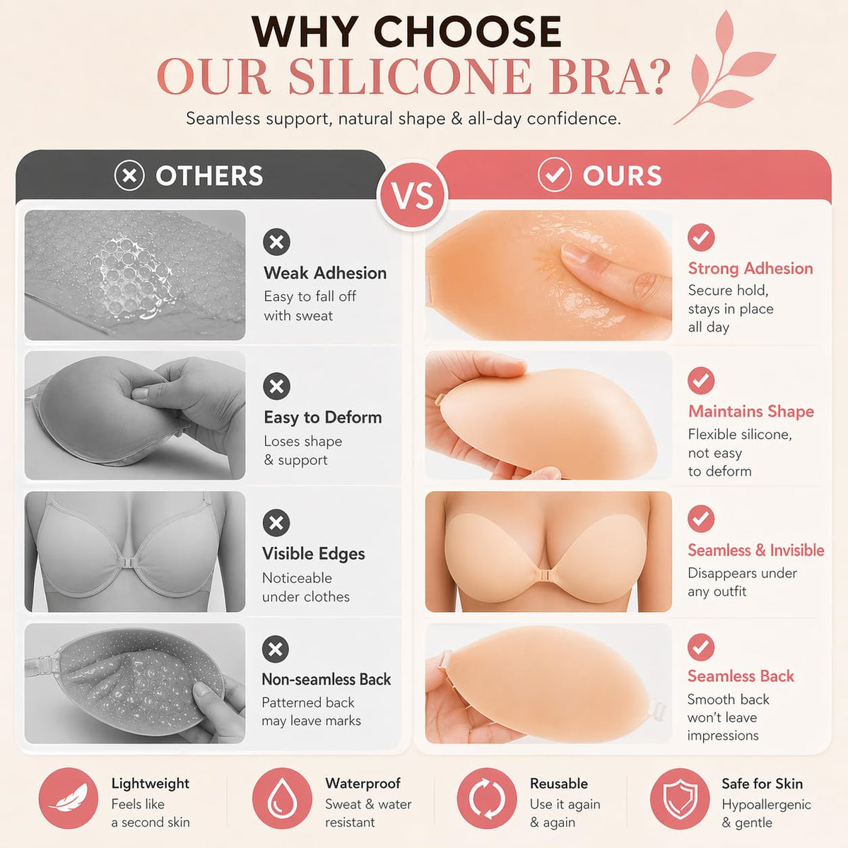 Bvanzo Stick On Bra for Women, Invisible Sticky Backless Strapless Push Up Bra with Sticky Bra Push Up, Skin Friendly and Breathable, Reusable Silicone Adhesive Bra