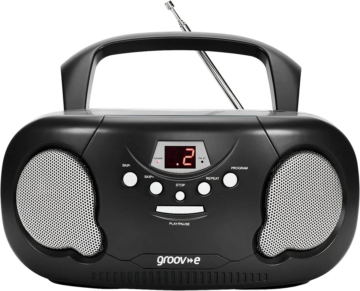 Groov-e Original Boombox - Portable CD Player with Bluetooth, Radio, 3.5mm Aux Port, & Headphone Socket - LED Display, 2 x 1.2W Speakers - Battery or Mains Powered - Black