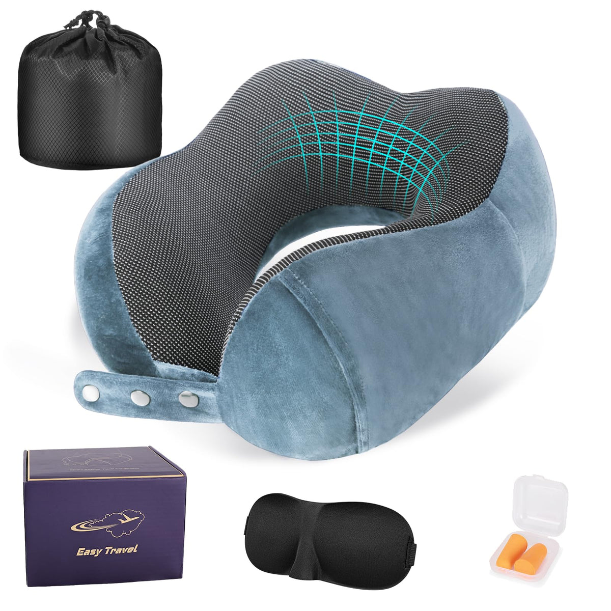Cirorld Travel Pillow for Airplane, Neck Pillow for Travel, Memory Foam Travel Neck Pillow for Adults, Adjustable & Compact Flight Pillow, Ergonomic Neck Cushion, With Ear Plugs, Eye Mask, Carry Bag