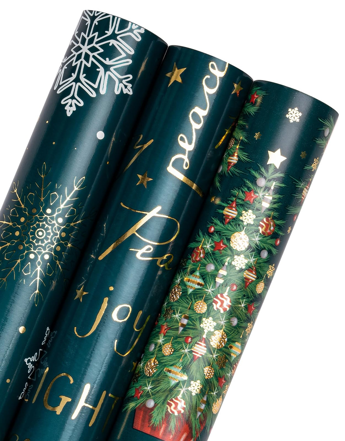 RUSPEPA Christmas Wrapping Paper Roll - Mini Roll - 3 Rolls - 43.2cm x 3m Per Roll - Bird, Christmas Garland, Holly and Pinecones Holiday Design with Metallic Foil Shine