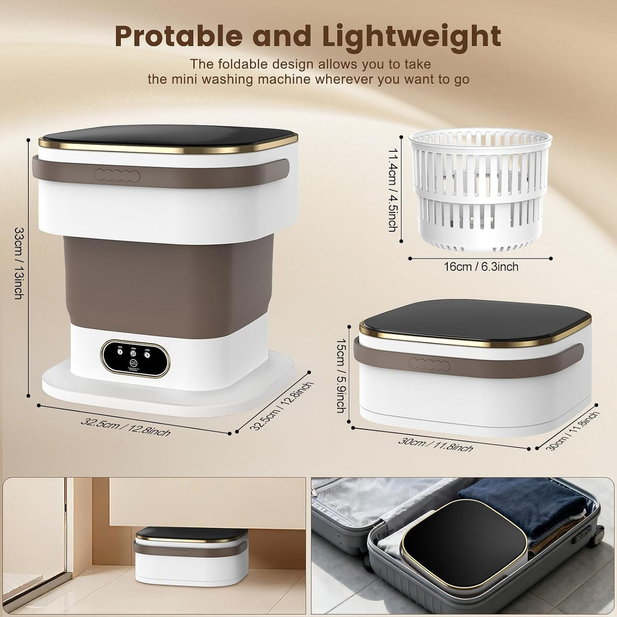 Mini Washing Machine, 15L Portable Washing Machine with Spin Dryer & 3 Cleaning Modes for Small Clothes, Foldable Portable Washer for Apartments, Dorms, Camping (Khaki)