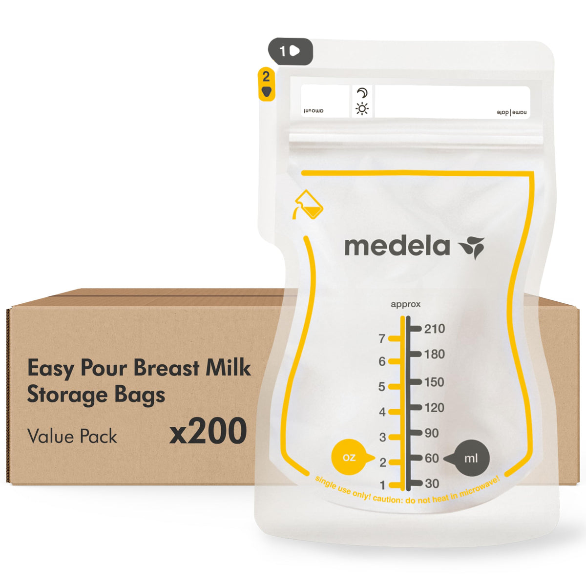 Medela Easy Pour Disposable Breastmilk Storage Bags, 210 ml Capacity, Leakproof Design with Milk Protection, Made Without BPA, Pack of 50