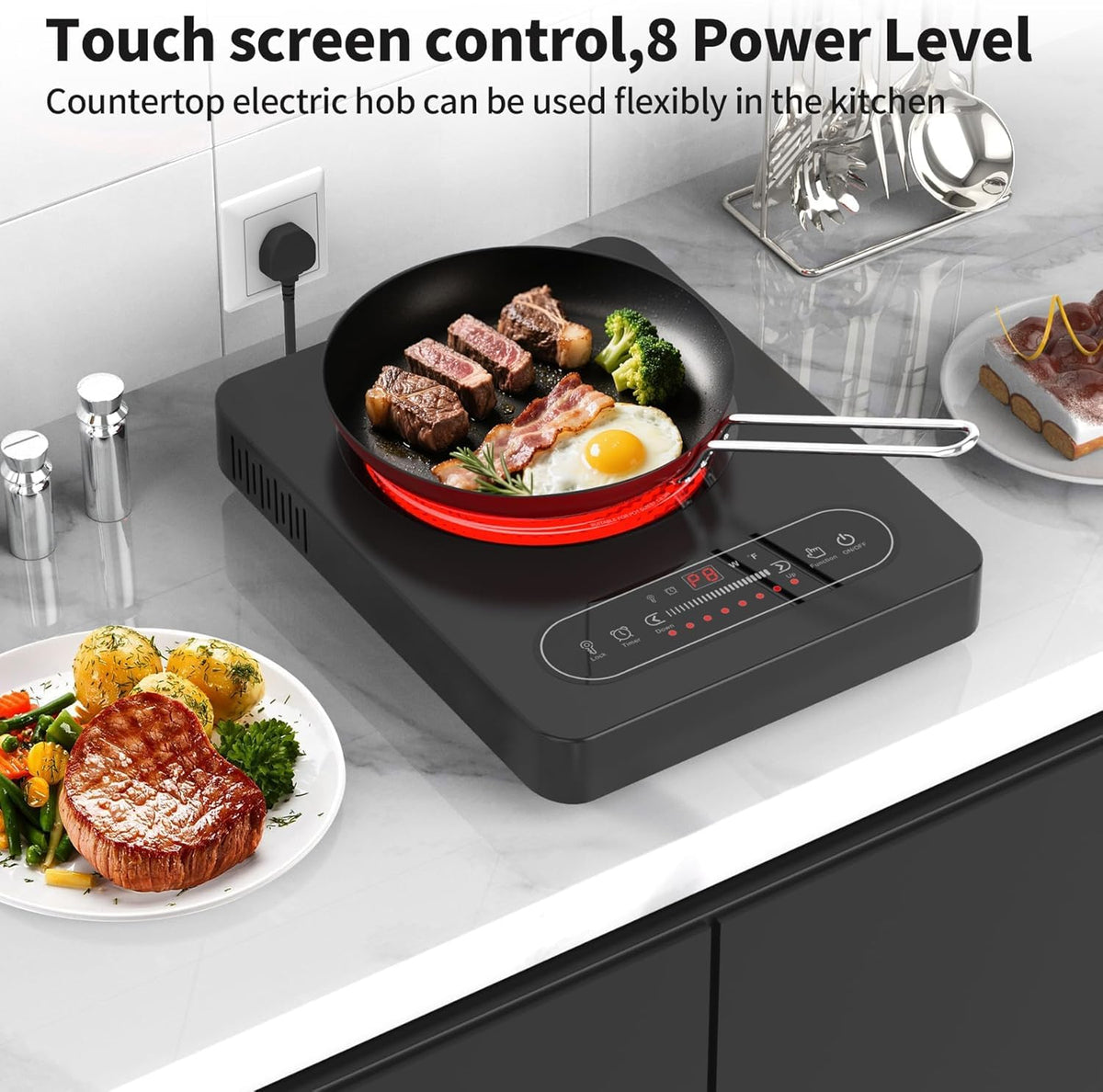 VBGK Portable Ceramic Hob, 2000W Portable Electric Hob, Electric Ceramic Hob, Single Cooking Zone with LED Display, 4-Hours Timer, Safety Lock, Residual Heat Indicator