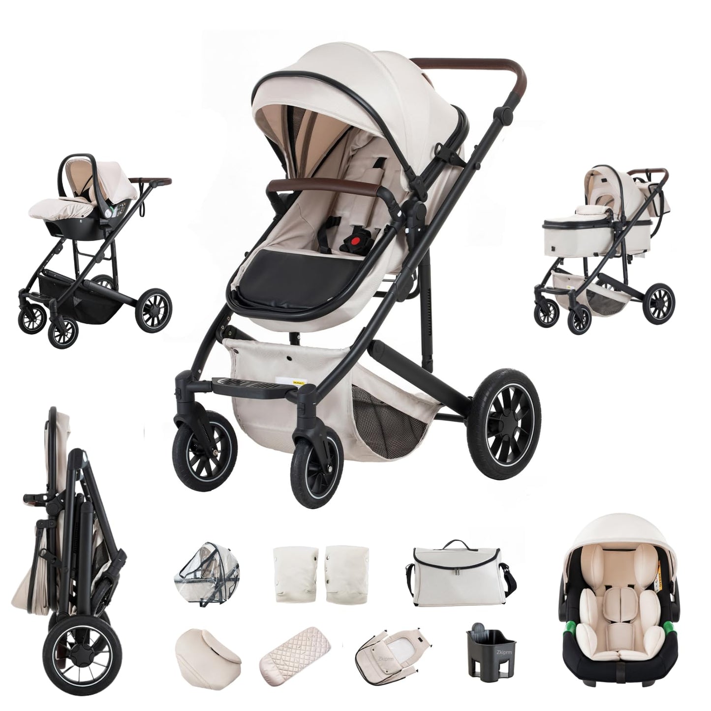 Zkipm Baby Pram 3 in 1, Foldable Baby Stroller,Pram Set Travel with Adjustable-Height Push Handle, Present Rain Cover, Mosquito Net, Bag, Cooling Mat, ect for Ages 0–3