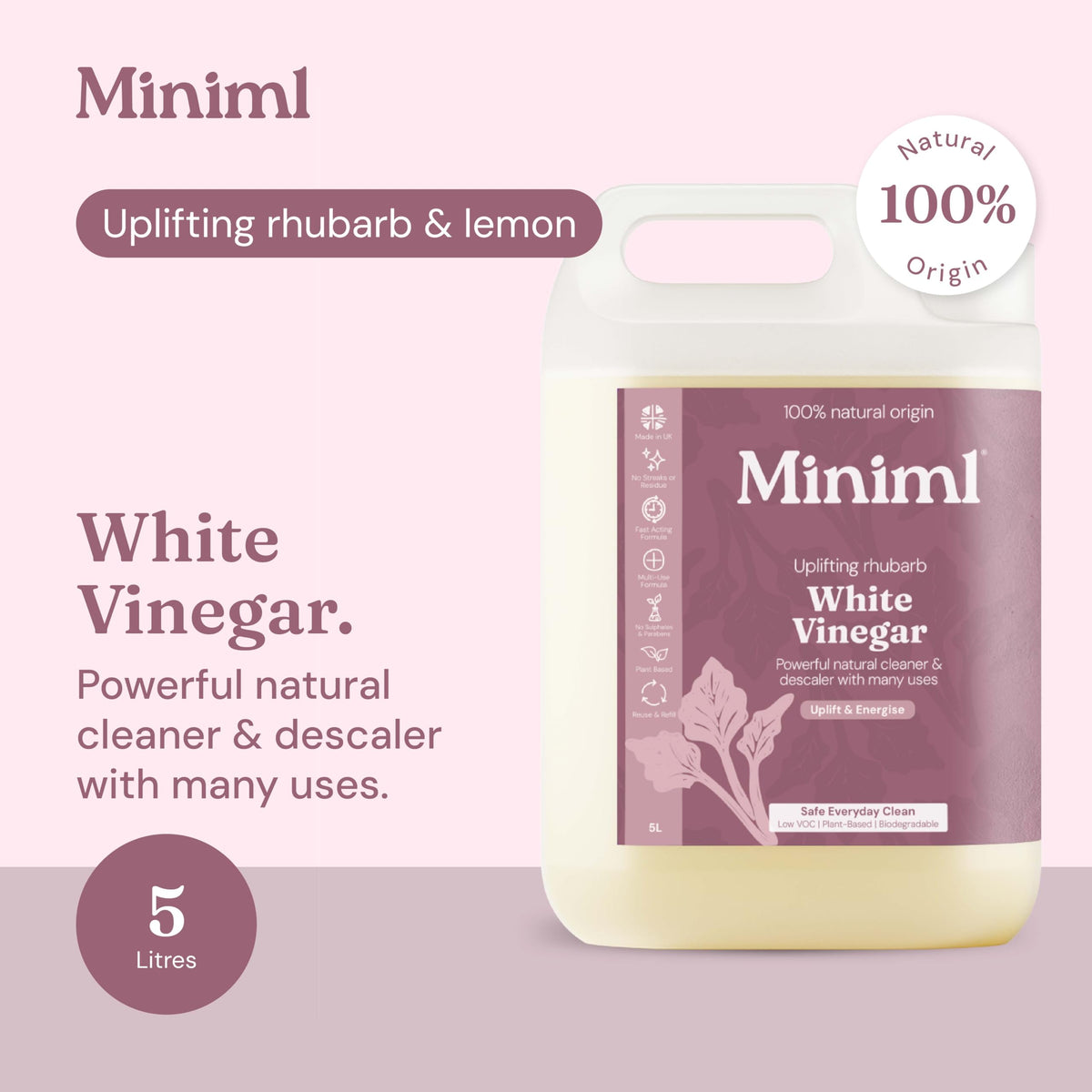Miniml Eco White Vinegar Cleaning Unscented 750ml - All Natural Multi-Surface & Multi-Purpose Cleaner, Limescale Remover, Laundry Softener & More - 100% Vegan & Cruelty Free