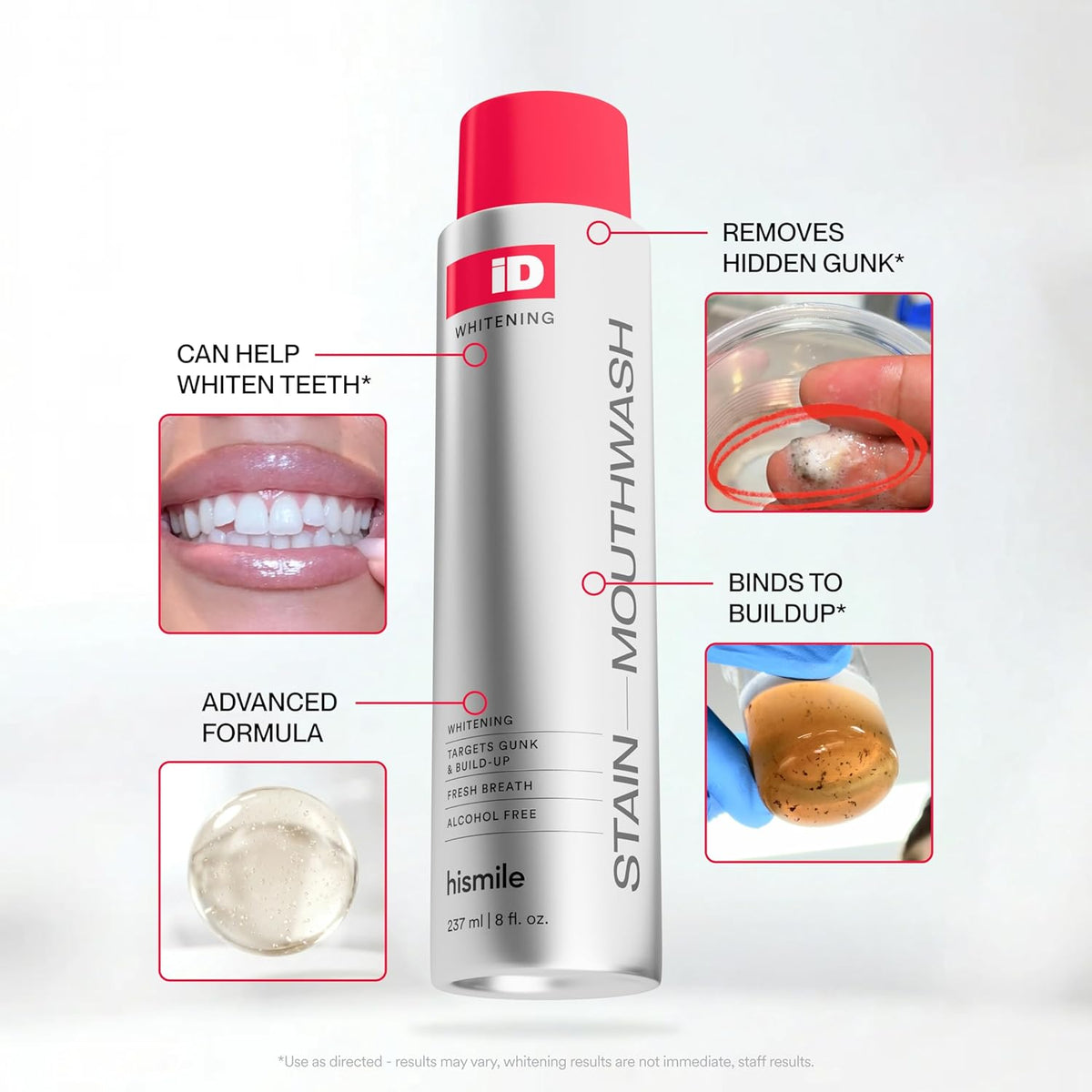 Hismile iD Stain Whitening Mouthwash, Gunk Removing Mouthwash for Fresh Breath, Hydrogen Peroxide Mouthwash to Promote Whiter Teeth, Alcohol-Free Mouthwash with Essential Oils 237ml