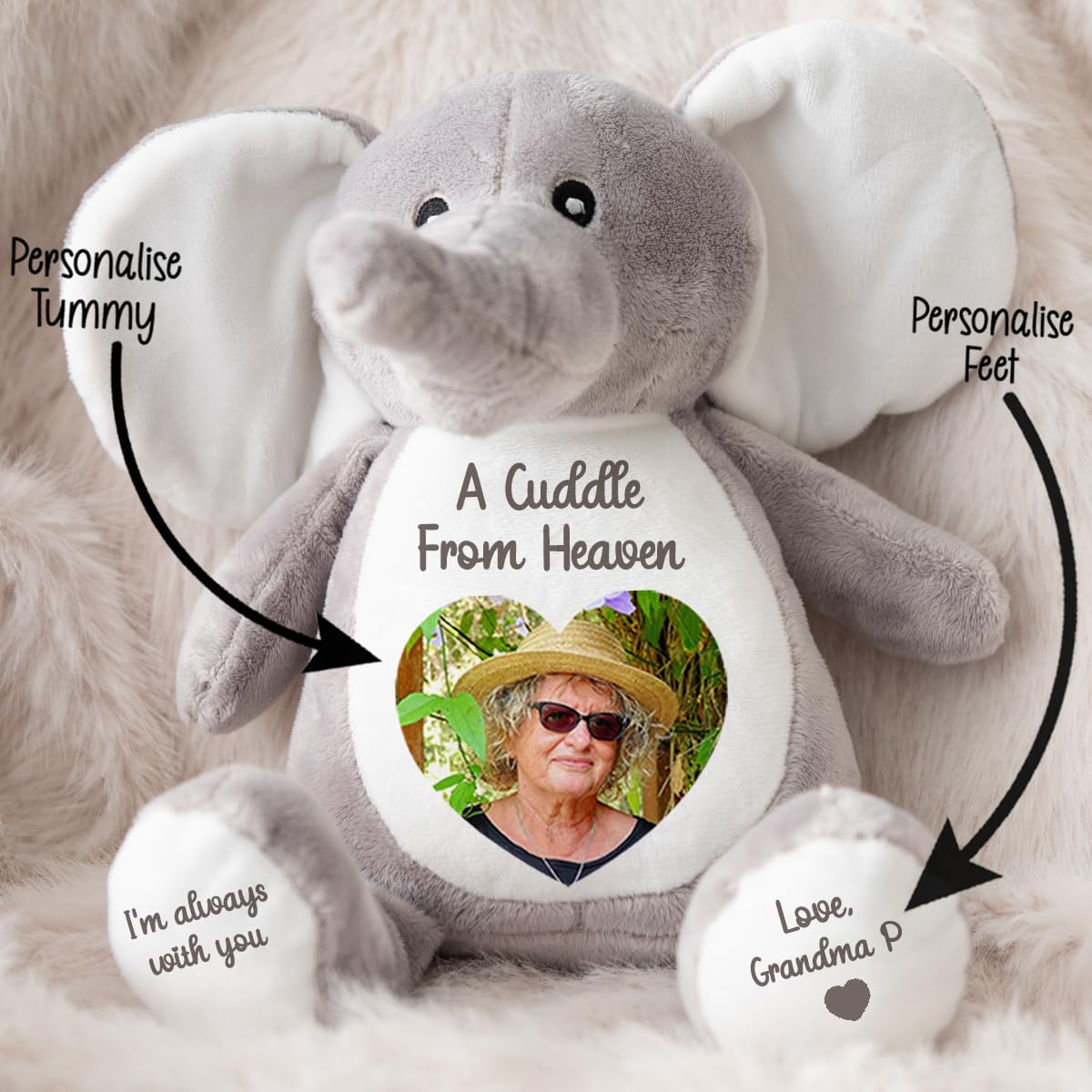 Personalised Memory Teddy Bear with Heart-Shaped Photo – “A Cuddle From Heaven” Keepsake Gift – 28 Bear Styles – Add Your Text & Choose Colour – Custom Memorial Bear (White Angel Teddy)