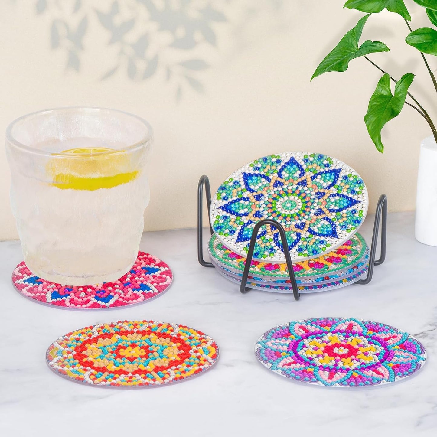 8 Pcs Flowers Diamond Art Coasters Kits for Adults Begainners,Full Drill Diamond Painting Coasters Kit with Holder,DIY Gem Painting Craft Kits for Adults Supplies Gift (Flowers).