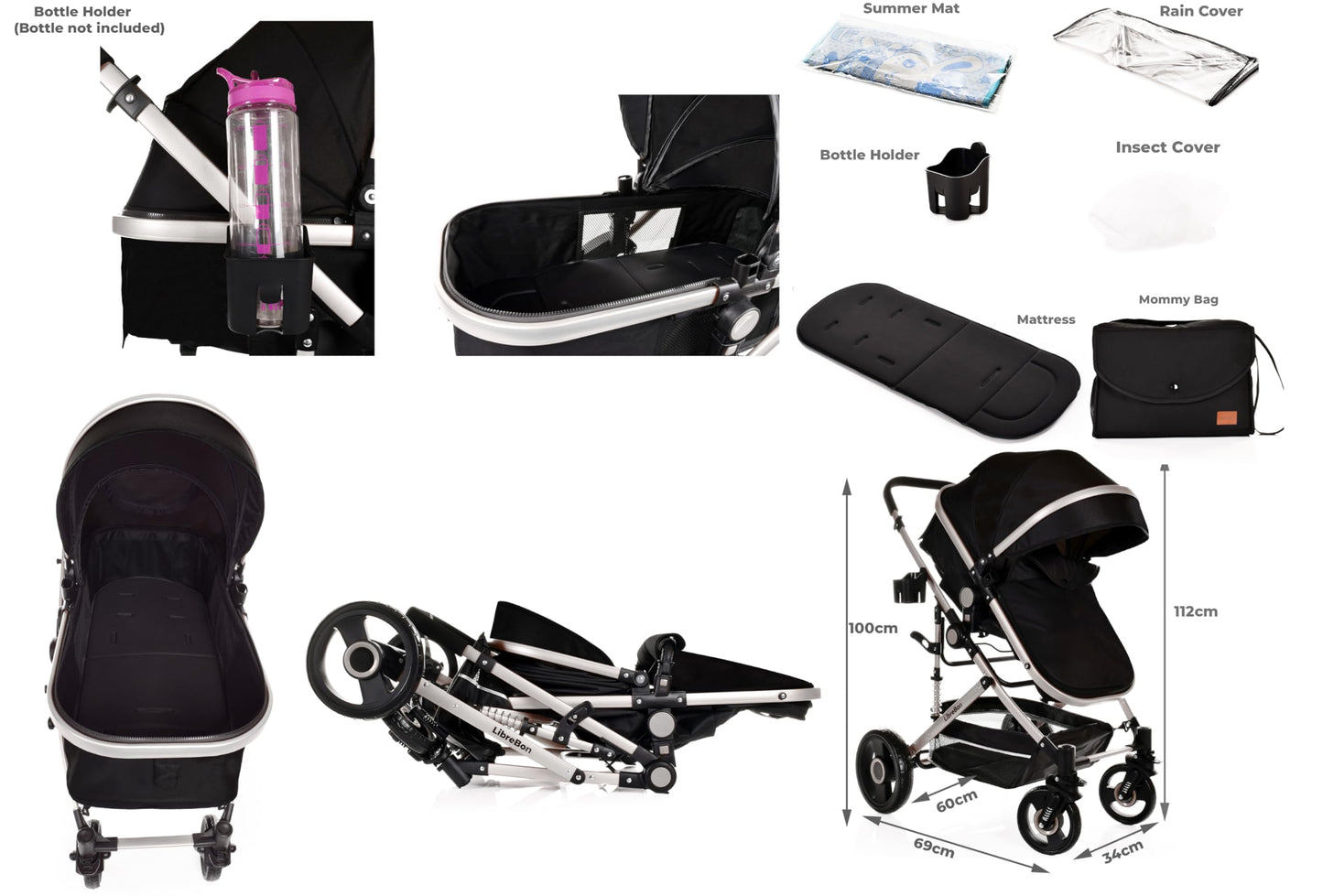 Baby Buggy Pram Pushchair 3 in 1 with Car Seat Child Lightweight Folding Stroller One Size Fits All 3 in 1 Travel System Pram for Newborns & Toddlers 0-36 Months from Birth (Black - Silver Frame)