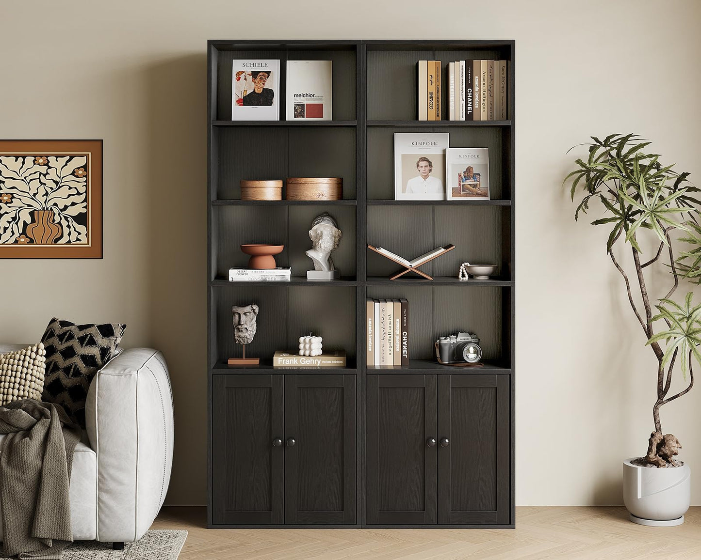 Coleshome 6-Tier Bookcase with Doors and Cabinet, Bookshelf Floor Standing Display Storage Shelf, Bookcases for Home, Office, Living Room, Bedroom, White, 48 x 24 x 176.4