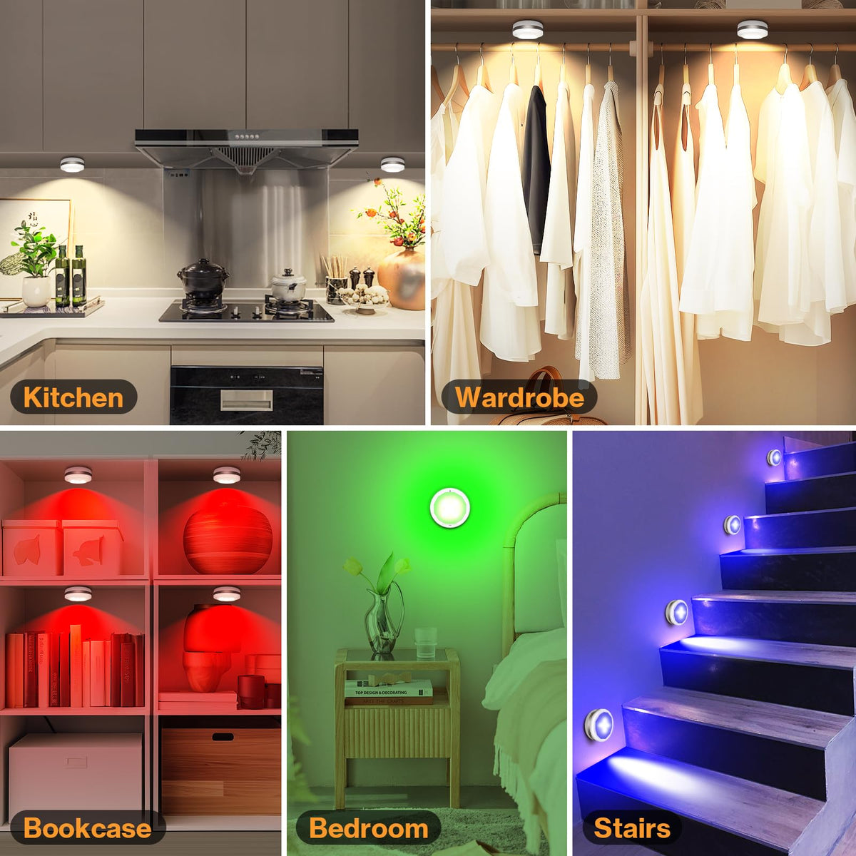 Under Cabinet Lights, Wireless LED Puck Lights Remote Control, 4000K Natural White Brightness Dimmable Battery Powered Touch Closet Cupboard Kitchen Wardrobe Lights, 6 Pack (White)