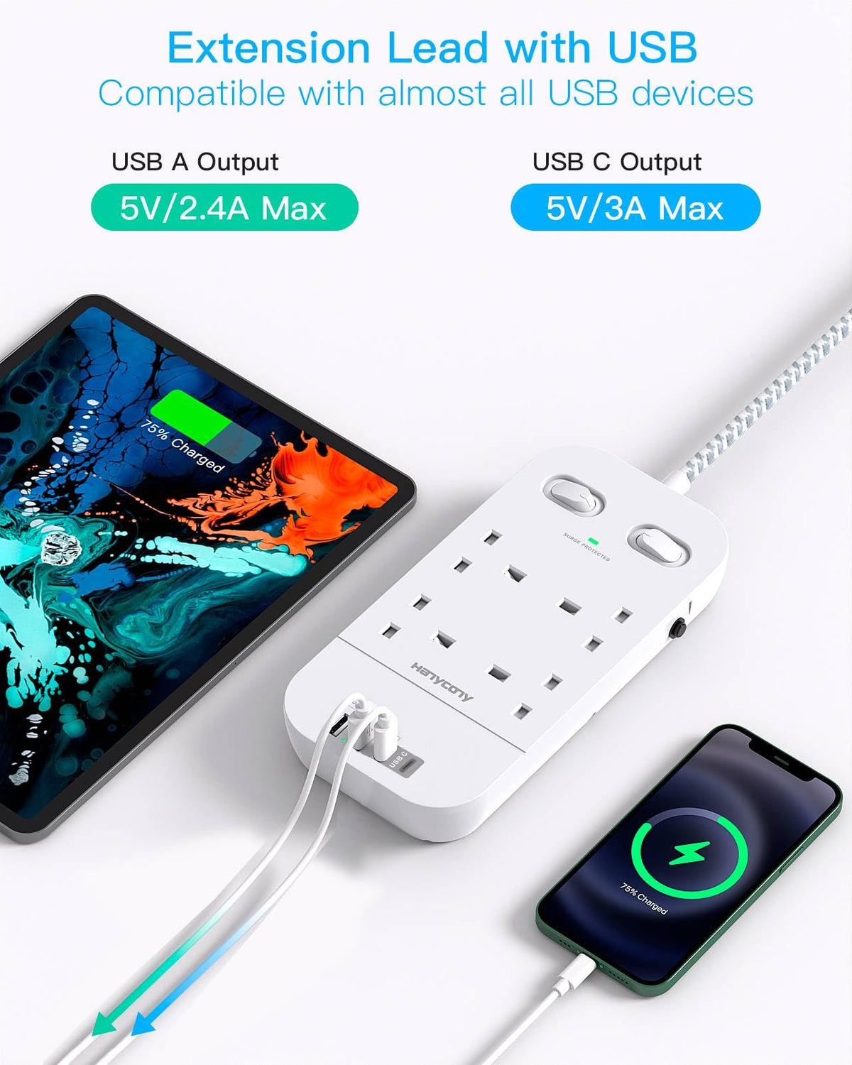 5M Extension Lead Surge Protected, 4 Way Outlets with 2 USB C & 2 USB A