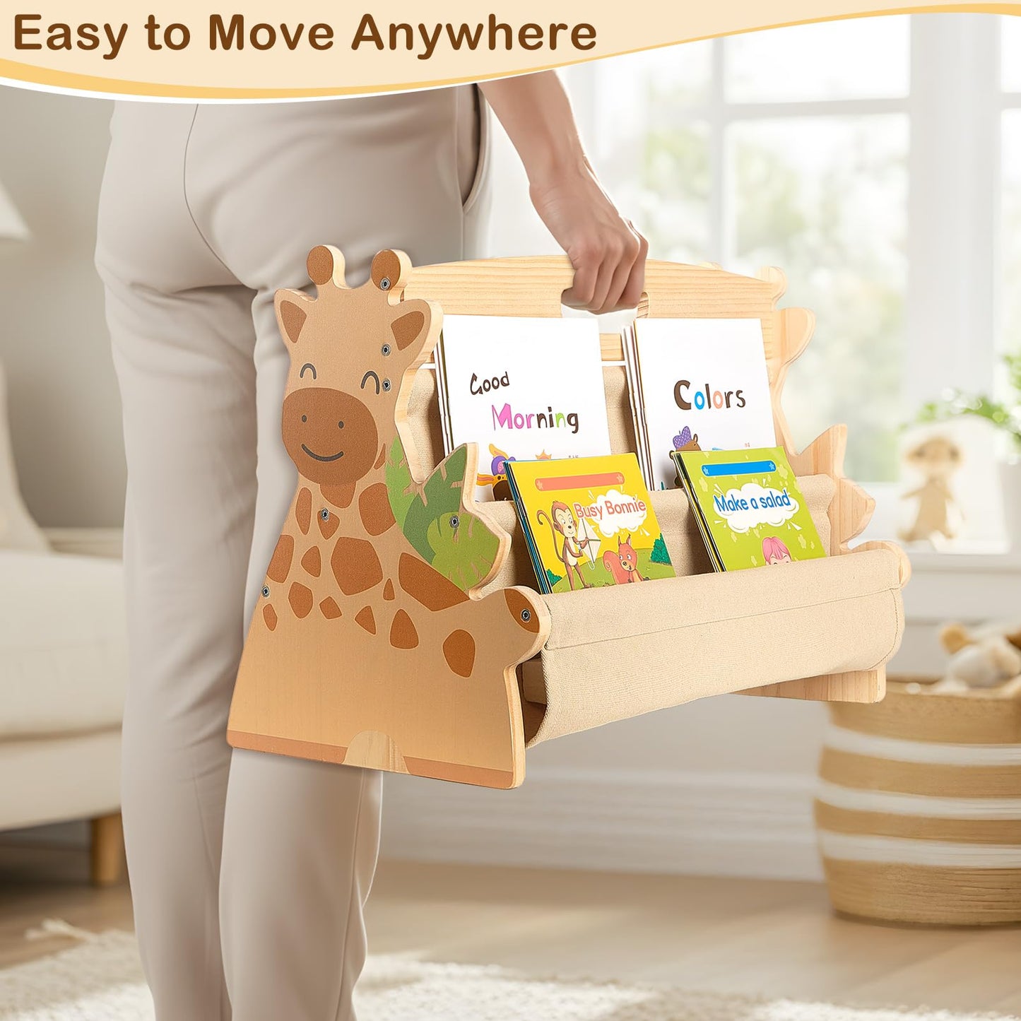 MHJY Kids Bookshelf – Wooden Double-Sided Sling Book Rack with Canvas Storage, Toddler Bookcase for Nursery, Bedroom, Playroom – Montessori Style Children’s Book Organiser