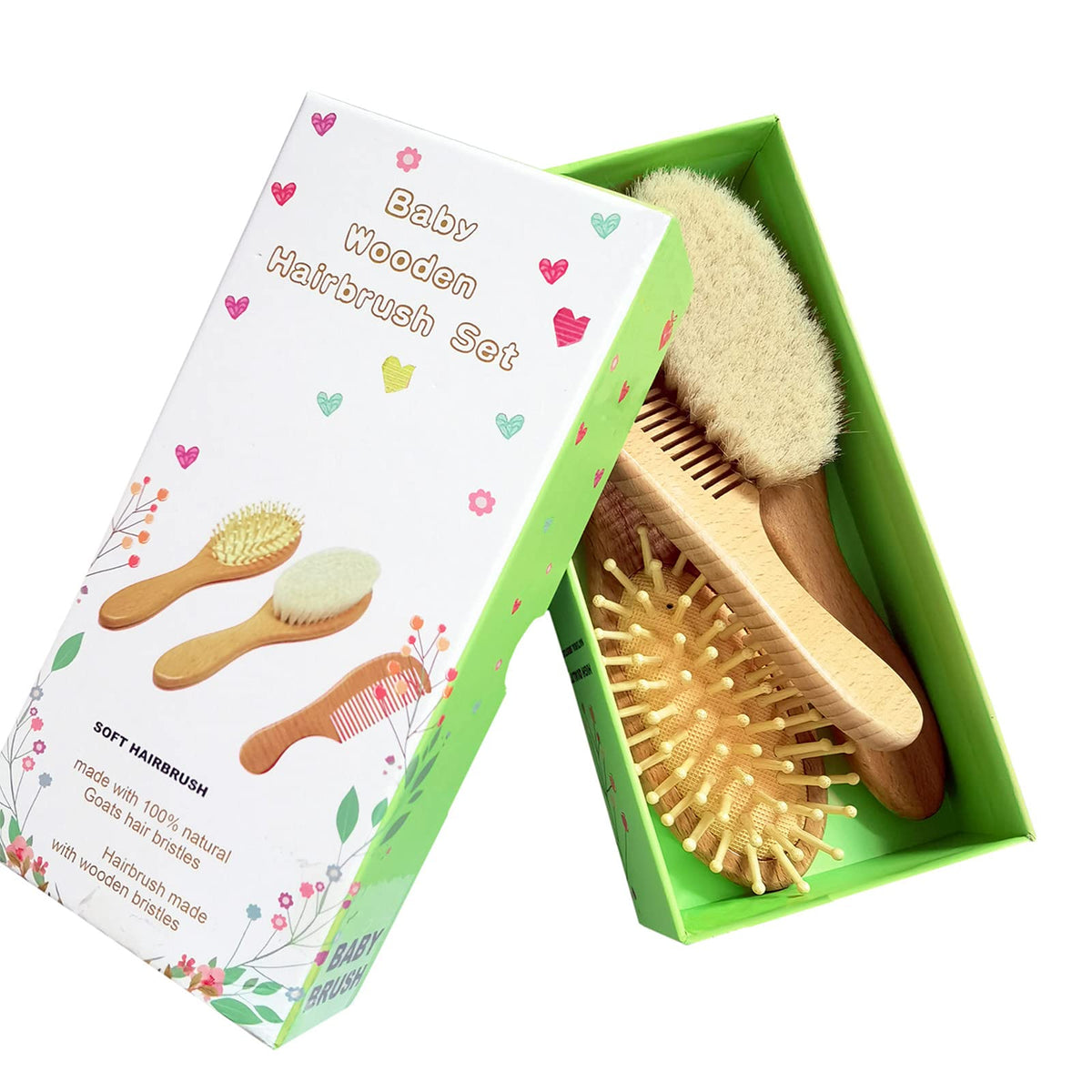 3PCS Baby Hair Brush with Wooden Handle and Comb Set for Newborns & Toddlers | Natural Soft Goat Bristles l Wood Comb l Green Cradle Cap Brush | Ideal for Cradle Cap