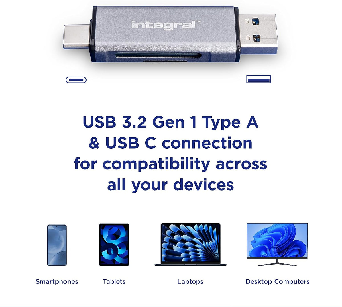 Integral microSD & SD Memory Card Reader Adapter - Dual Ended USB 3.0 & USB C - For iPhone 15/16 Plus/Pro/Pro Max, MacBook Pro/Air M1/M2/M3/M4, iPad, PC, laptop, smartphone
