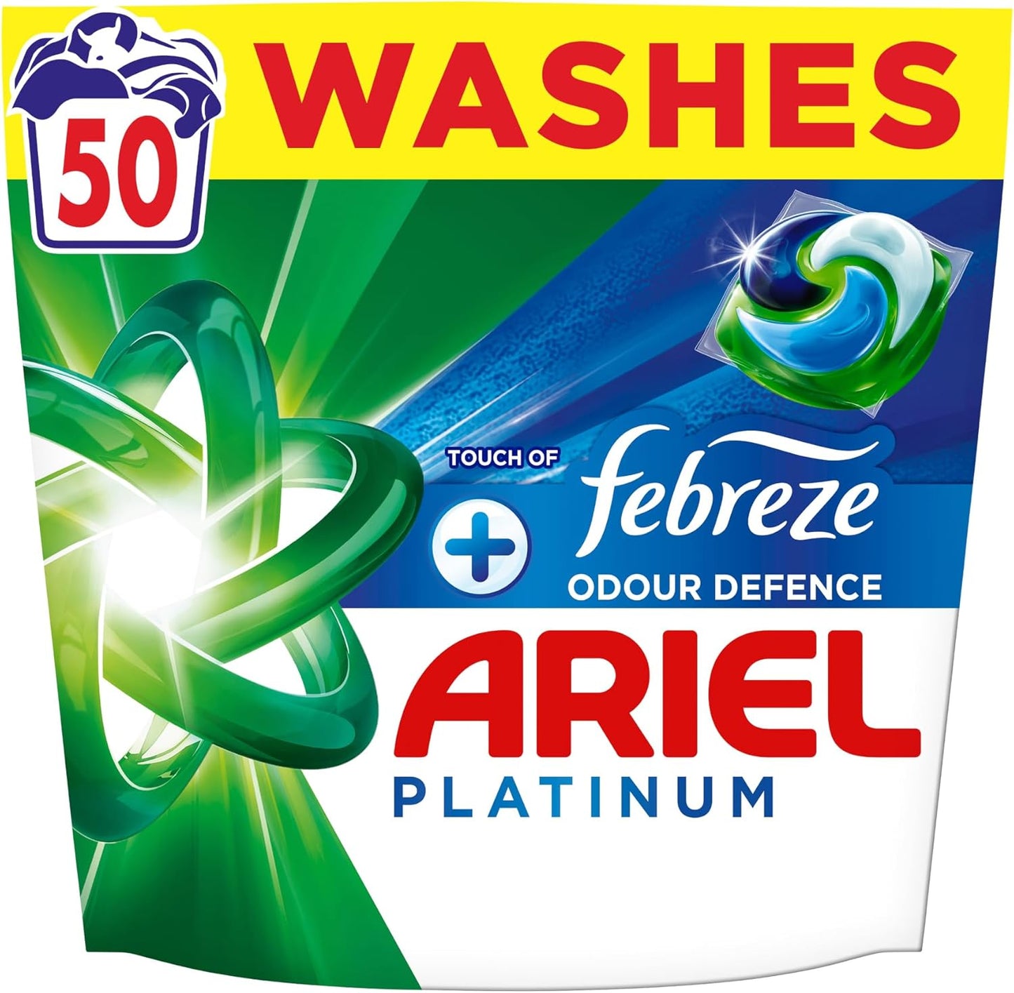 Ariel Platinum PODS®, Washing Liquid Laundry Detergent Capsules 50 Washes, +Touch Of Febreze Odour Defence, Remove Even 7-Day Sweat Odours