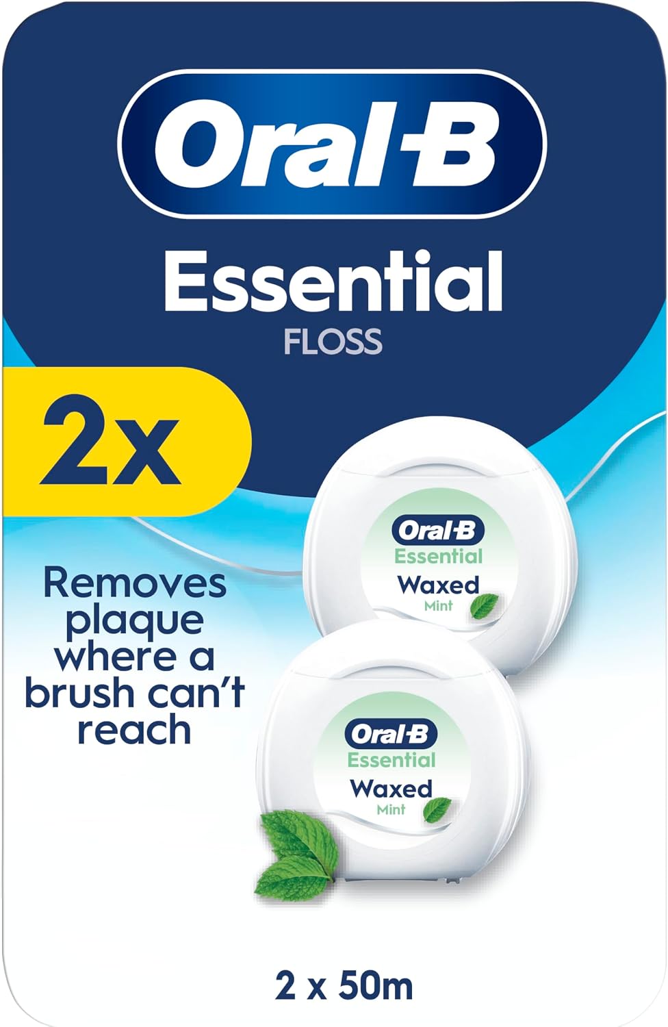 Oral-B Essential Floss - Removes Plaque - Waxed Dental Floss for Tight Spaces - Shred-Resistant - Mint - 2x50M Roll