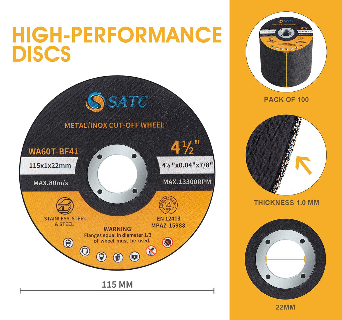 SATC 115mm Cutting Discs 50-Peice for Angle Grinder Durable Metal Cutting Disc Ultra Thin 1mm for Fast & Precise Cutting of Steel, Iron, Aluminum, & Ferrous Metals