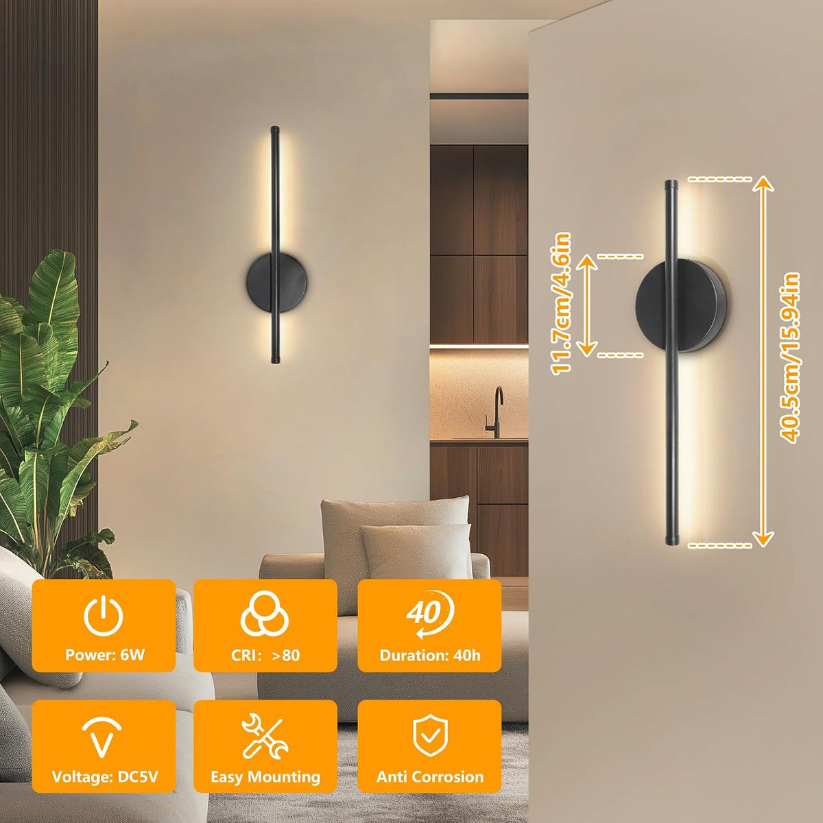 Dehobo 80CM Rechargeable Wall Lights with 8000mAh for Home Decor, 2 Packs
