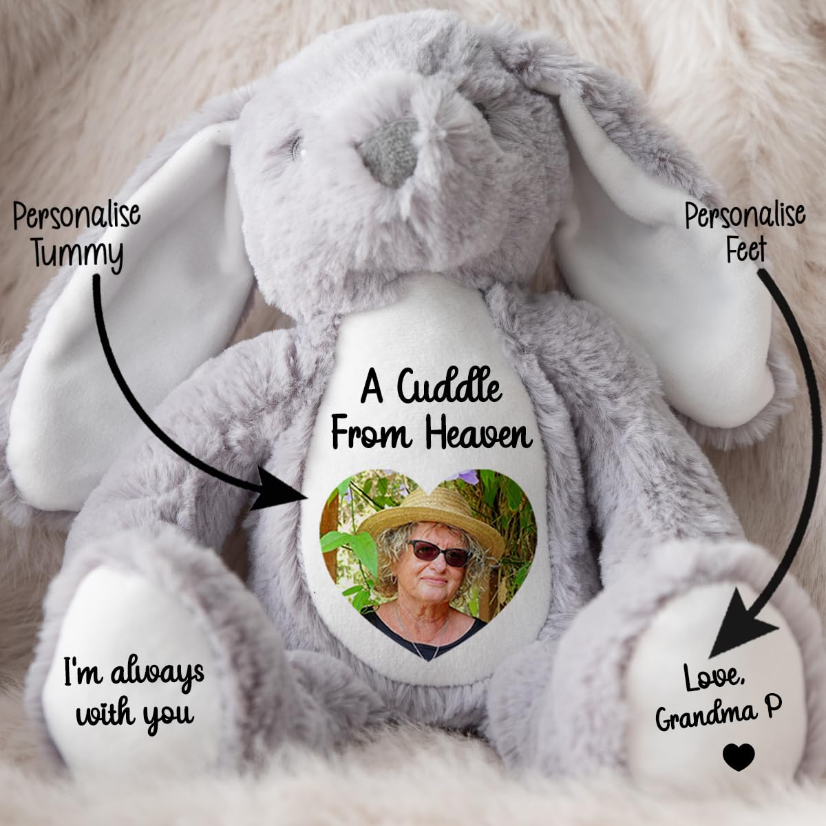 Personalised Memory Teddy Bear with Heart-Shaped Photo – “A Cuddle From Heaven” Keepsake Gift – 28 Bear Styles – Add Your Text & Choose Colour – Custom Memorial Bear (White Angel Teddy)