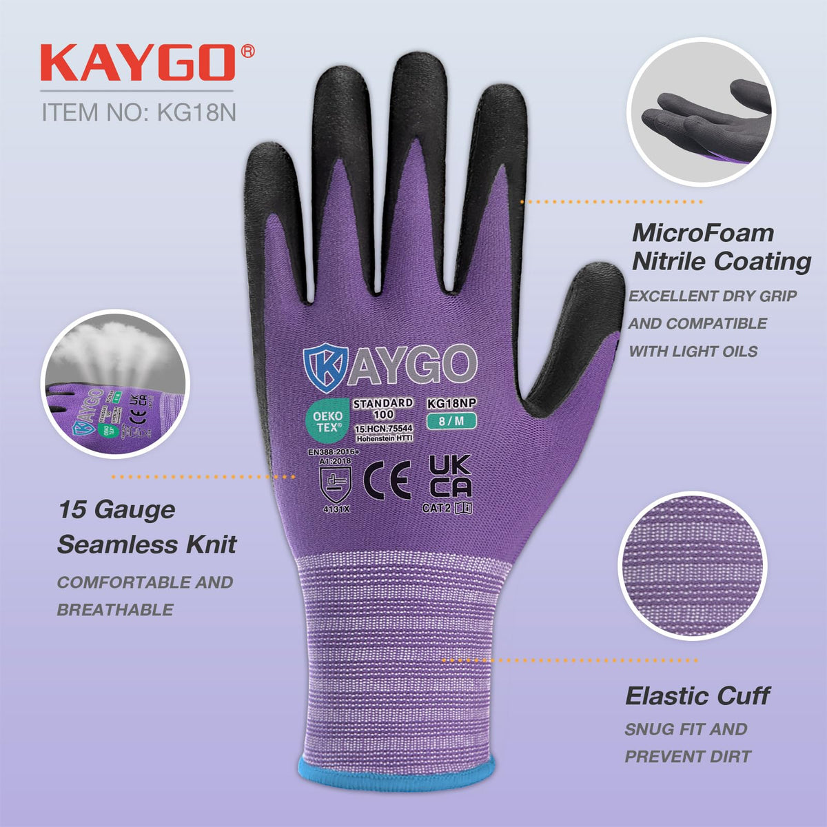 KAYGO Safety Work Gloves MicroFoam Nitrile Coated 12 Pairs, KG18NB