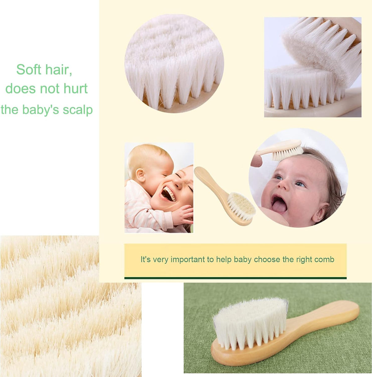 3PCS Baby Hair Brush with Wooden Handle and Comb Set for Newborns & Toddlers | Natural Soft Goat Bristles l Wood Comb l Green Cradle Cap Brush | Ideal for Cradle Cap