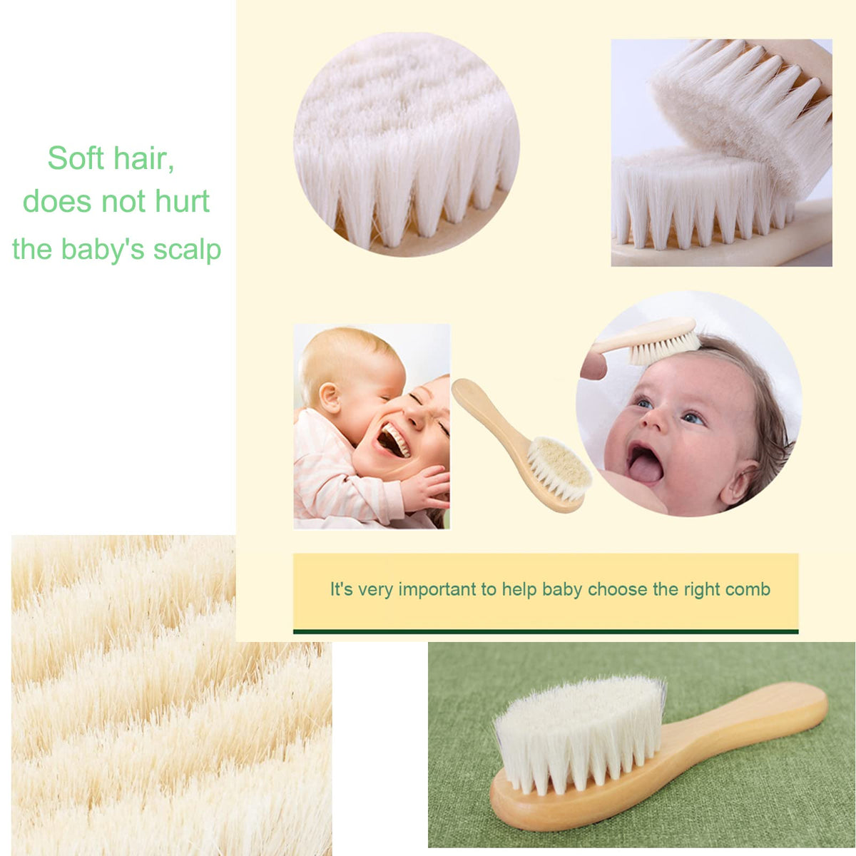 3PCS Baby Hair Brush with Wooden Handle and Comb Set for Newborns & Toddlers | Natural Soft Goat Bristles l Wood Comb l Green Cradle Cap Brush | Ideal for Cradle Cap