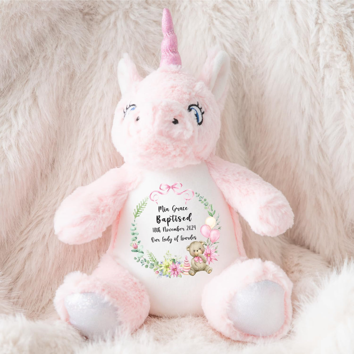 Crafted Memories - Personalised Bunny Rabbit | Custom Name & Date | Christening & Baptism Keepsake | Baby Girl & Boy | Soft Grey, White | Ideal 1st Birthday Present