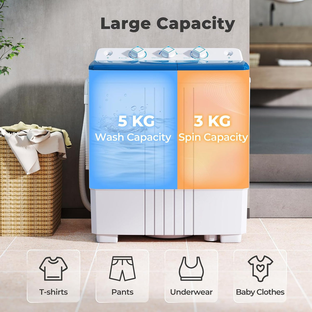 TANGZON Twin Tub Washing Machine, 8KG Portable Washing Machine Spin Dryer