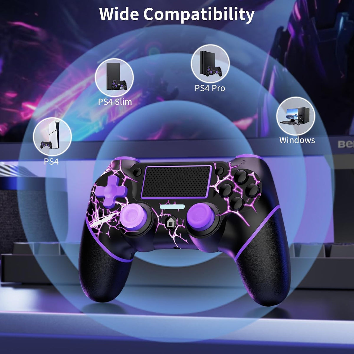 Reddening for PS4 Controller 2 Pack, Controller PS4 for PS4/Pro/Slim/PC, Gamepad Joystick with Turbo/Back Button/Dual Vibration/6-Axis Gyro Sensor/Touch Panel (2 printed purple)