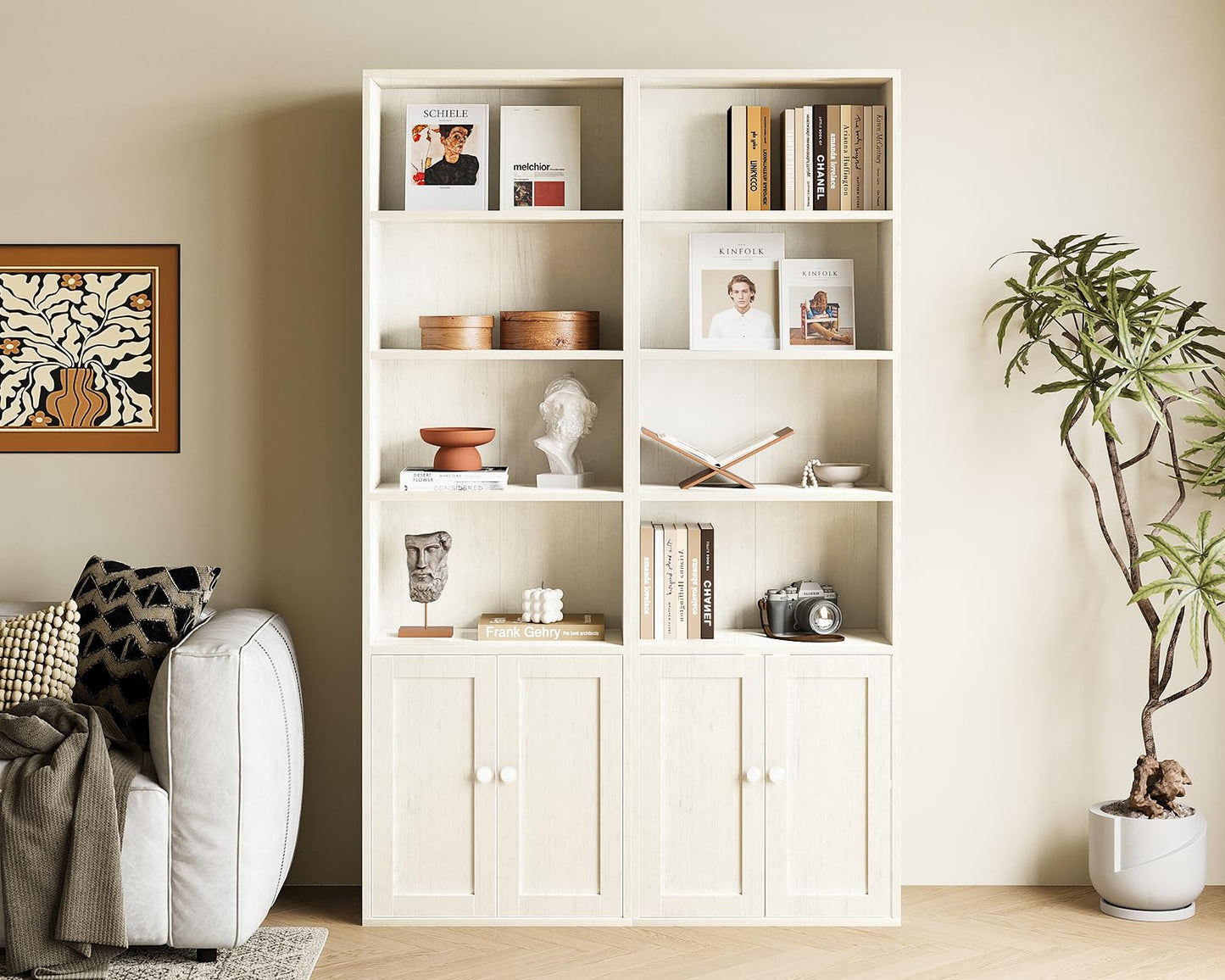 Coleshome 6-Tier Bookcase with Doors and Cabinet, Bookshelf Floor Standing Display Storage Shelf, Bookcases for Home, Office, Living Room, Bedroom, White, 48 x 24 x 176.4