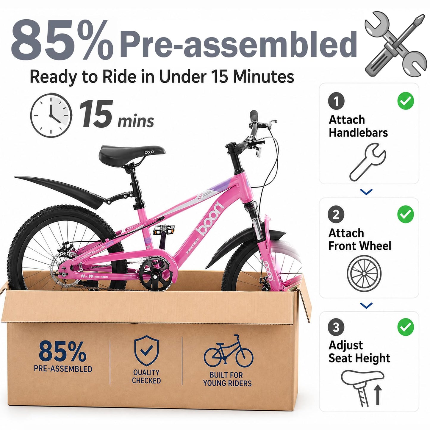 BSTSEL Kids Road Bike 18" with Front Suspension, Disc Brakes & Kickstand — Pink