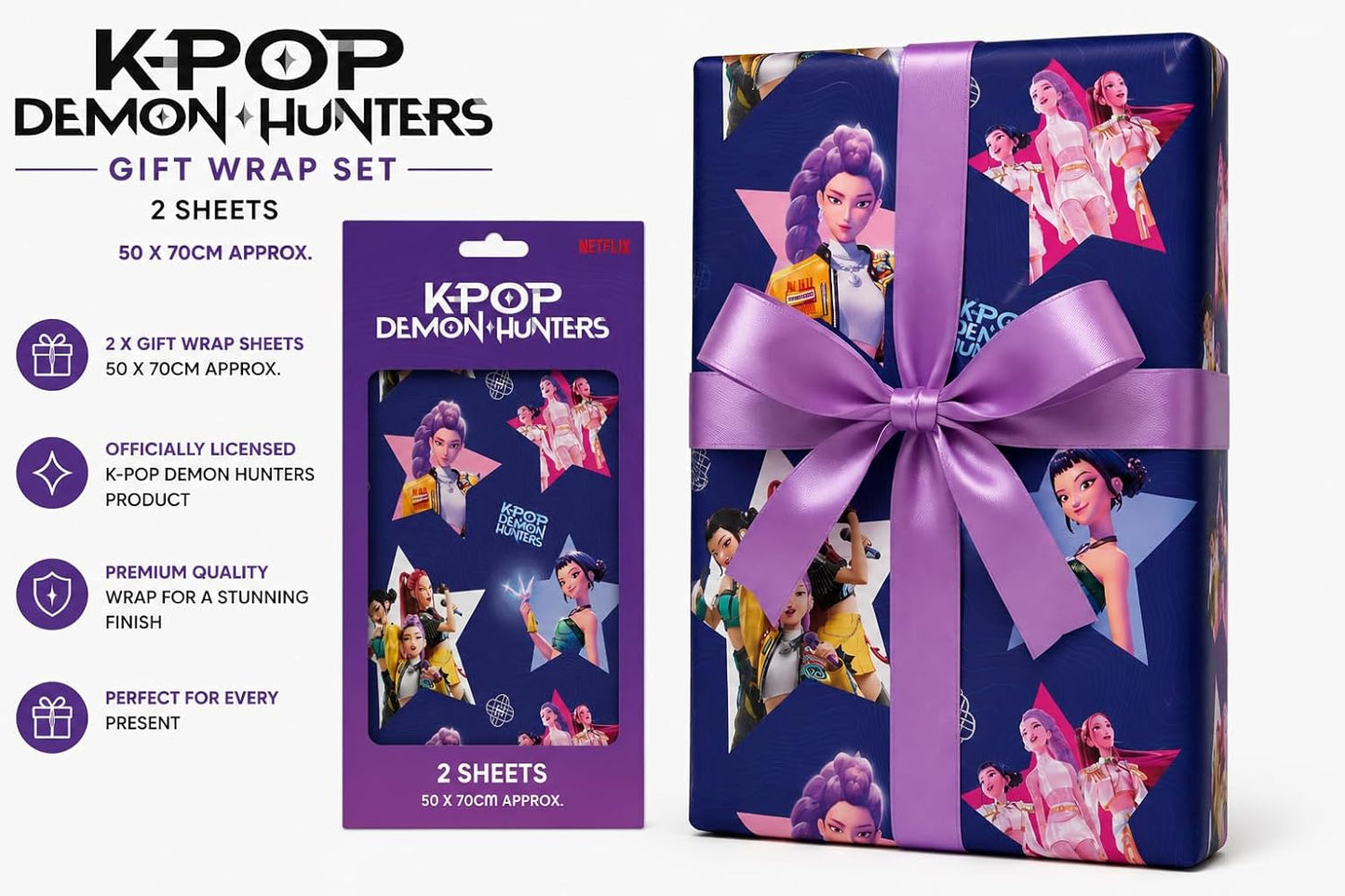 K-POP Demon Hunters Gift Wrap Set, 2 Sheets and Tags, 50 x 70cm, Officially Licensed Kpop Wrapping Paper Birthday Gifts