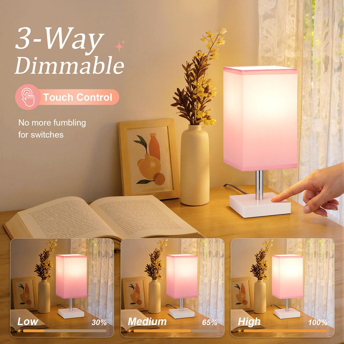 White Table Lamp for Bedroom, Small Bed Lamp with for Bedroom, Silver Base(Bulb Included)