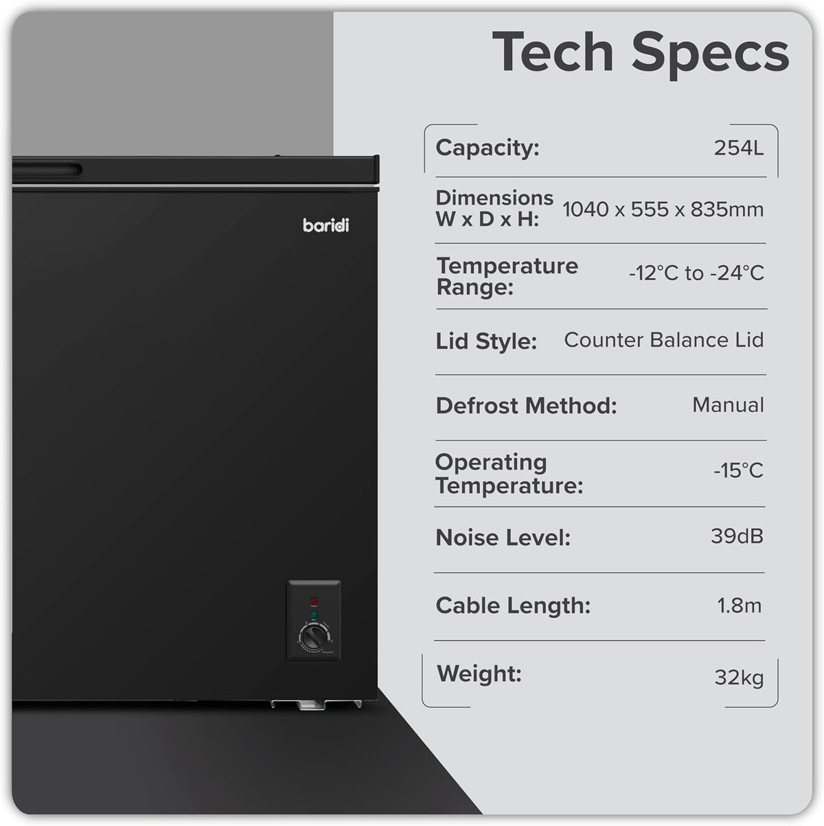 Baridi 299L Freestanding Chest Freezer with Adjustable Thermostat, Black - DH261