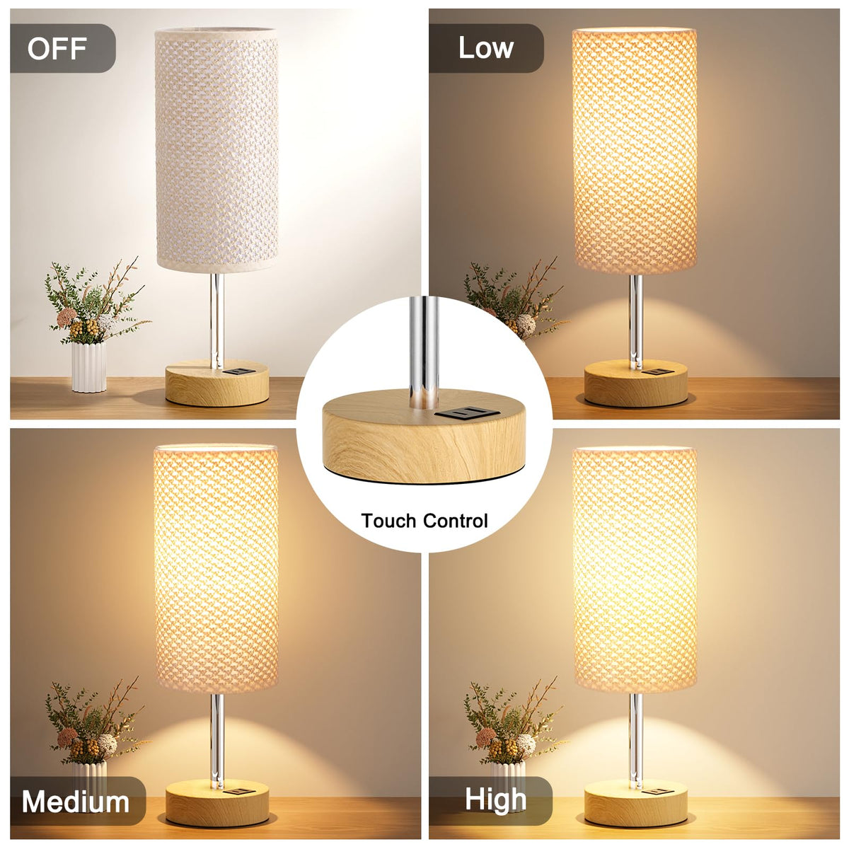 Aooshine Grey Table Lamp, 3-Way Dimmable, USB A + C Charging