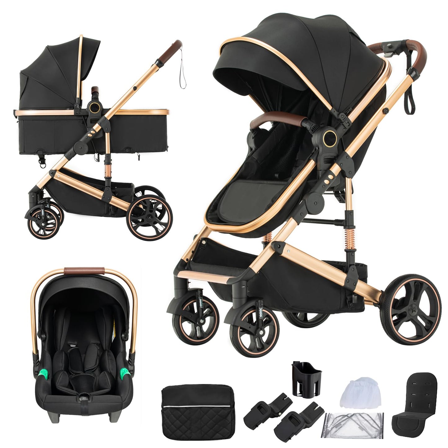 3 in 1 Baby Stroller with Height Adjustable Handle,3 in 1 Prams Travel System, Lightweight Foldable Pushchair, Prams with Aluminum Frame for Portable Baby Carriage (D2 Pink, H2-D)