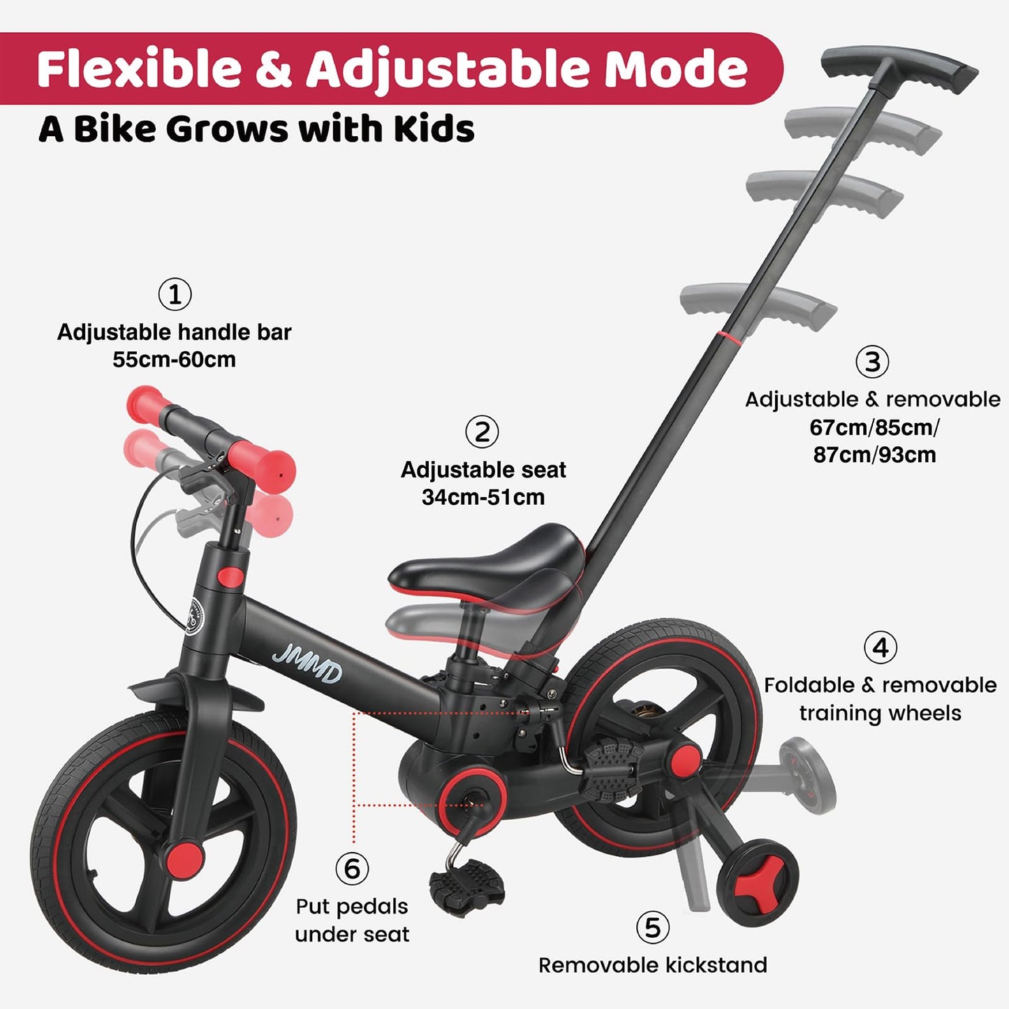 JMMD 6-in-1 Convertible Toddler Balance Bike to Pedal Bike — Ages 18 Months to 5 Years