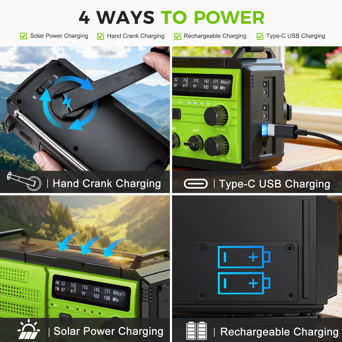 8000mAh Emergency Wind Up Radio, Hand Crank Solar, AM/FM Radio with 3-Mode Flashlight, 2-Mode Reading Lamp, SOS Alarm with USB Phone Charger for Emergency Outdoor