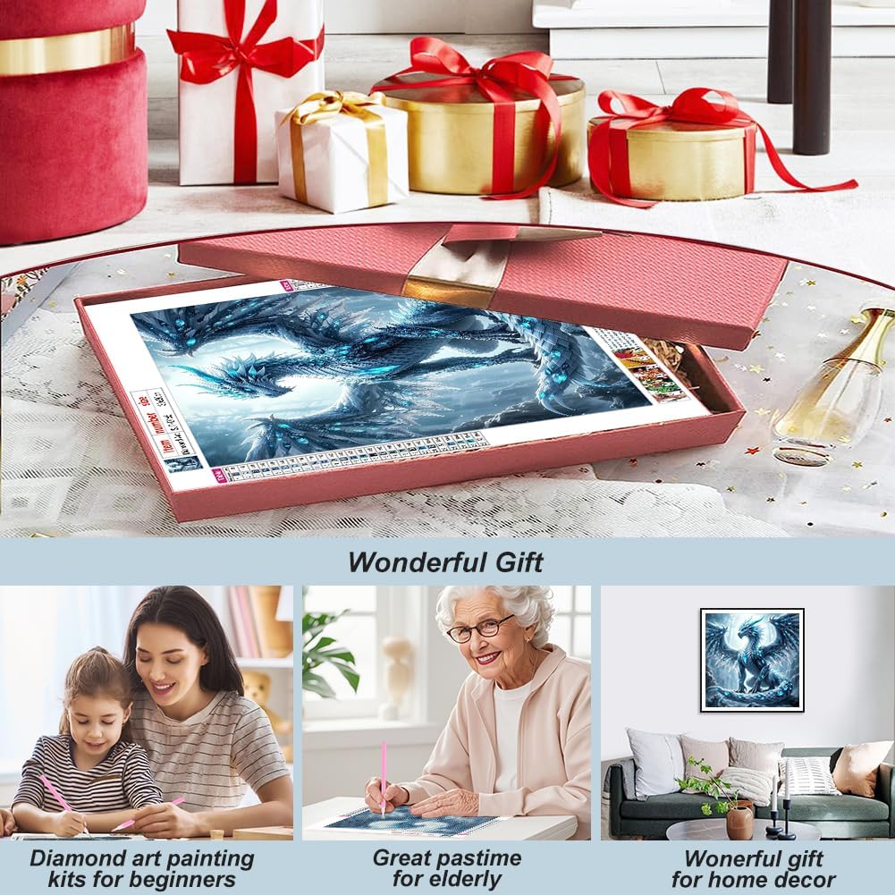 Domnpes Blue Dragon Diamond Art Kits for Adults, 5D Diamond Painting Kits for Beginners, DIY Round Full Drill Bead Craft for Home Wall Decor Gift 11.8x11.8 inch