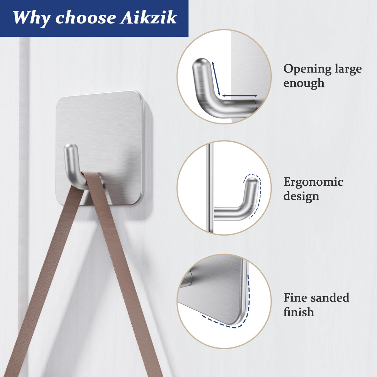 Aikzik 6 Pack Self Adhesive Hooks, Stainless Steel Sticky Hook Heavy Duty, Over 8kg Load - Hooks for Hanging for Towel, Coat, Key, Stick on Bathroom, Kitchen, Door and Wall, Black