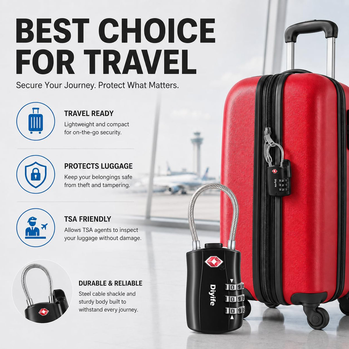 Diyife TSA Approved Luggage Locks with Flexible Steel Cable, Easy to Set up