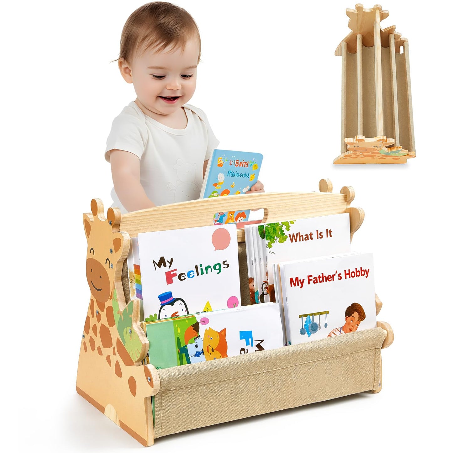 MHJY Kids Bookshelf – Wooden Double-Sided Sling Book Rack with Canvas Storage, Toddler Bookcase for Nursery, Bedroom, Playroom – Montessori Style Children’s Book Organiser