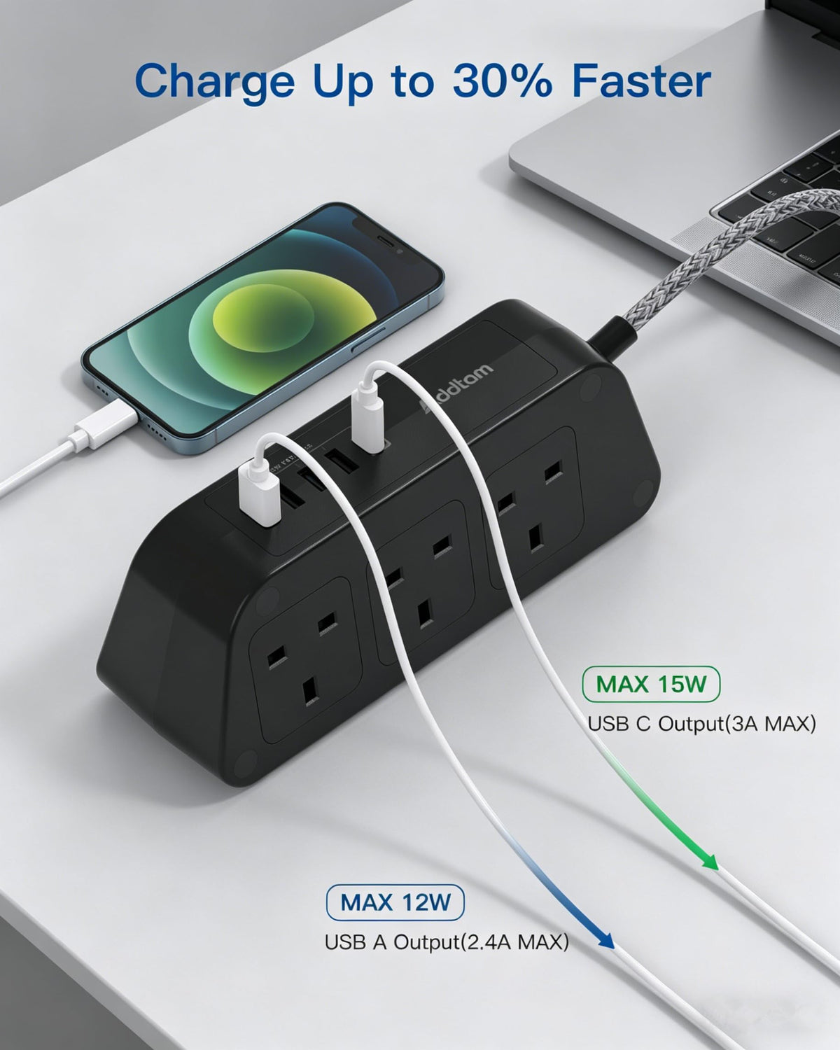 Addtam Extension Lead with USB Slots, 6 Way Outlets 5 USB(5A, 3USB- C Port)