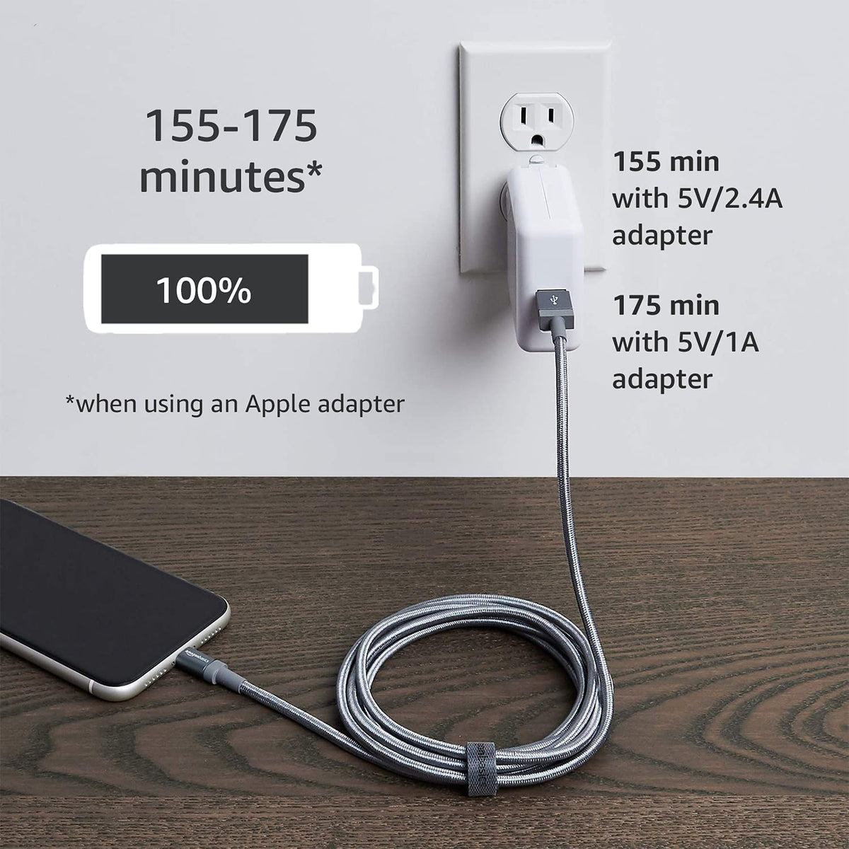 Amazon Basics USB-A to Lightning Charger Cable, Nylon Braided Cord, MFi Certified for Apple iPhone 14 13 12 11 X Xs Pro, Pro Max, Plus, iPad, 0.9 m, Silver