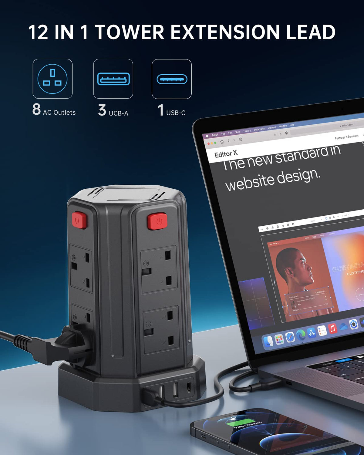 Tower Extension Lead 3M, 8 AC Outlets and 4 USB Ports Extension Tower